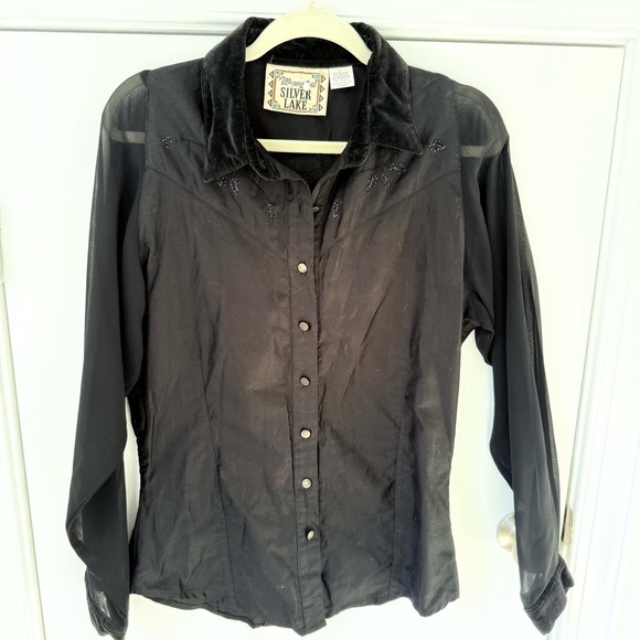 VTG WRANGLER Silver Lake Western Velvet Sheer Long Sleeve Button Down Top L - Picture 7 of 10
